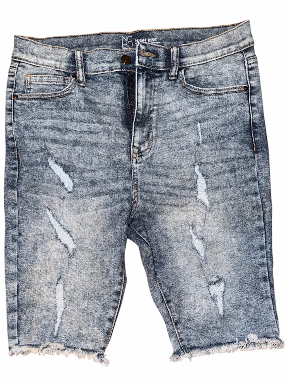 NOBO Distressed High-Rise Denim Bermuda Shorts in Washed Blue
